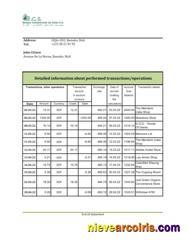 Mali Banque Commerciale du Sahel bank statement